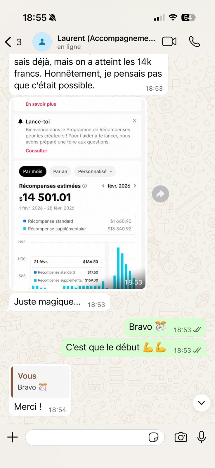 Capture WhatsApp · témoignage Laurent · 14 501 USD en février