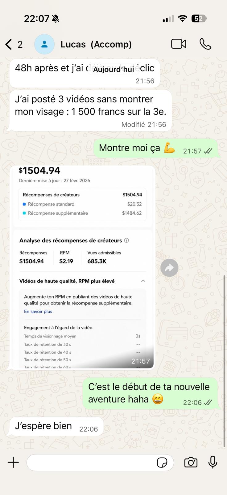 Capture WhatsApp · témoignage Lucas · 1 504 USD en 48h