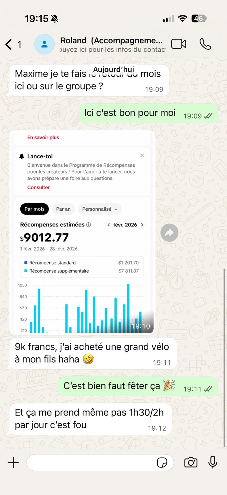 Capture WhatsApp · témoignage Roland · 9 012 USD en février
