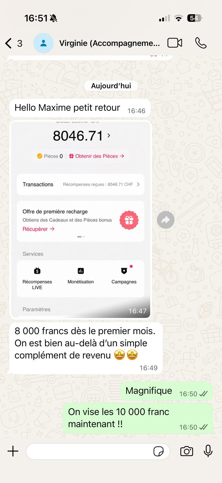 Capture WhatsApp · témoignage Virginie · 8 046 CHF le 1er mois